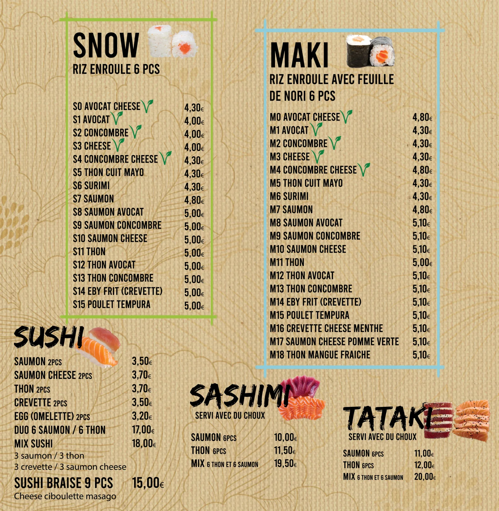 Carte Sushi House — Snow, Maki, Sushi, Sashimi, Tataki