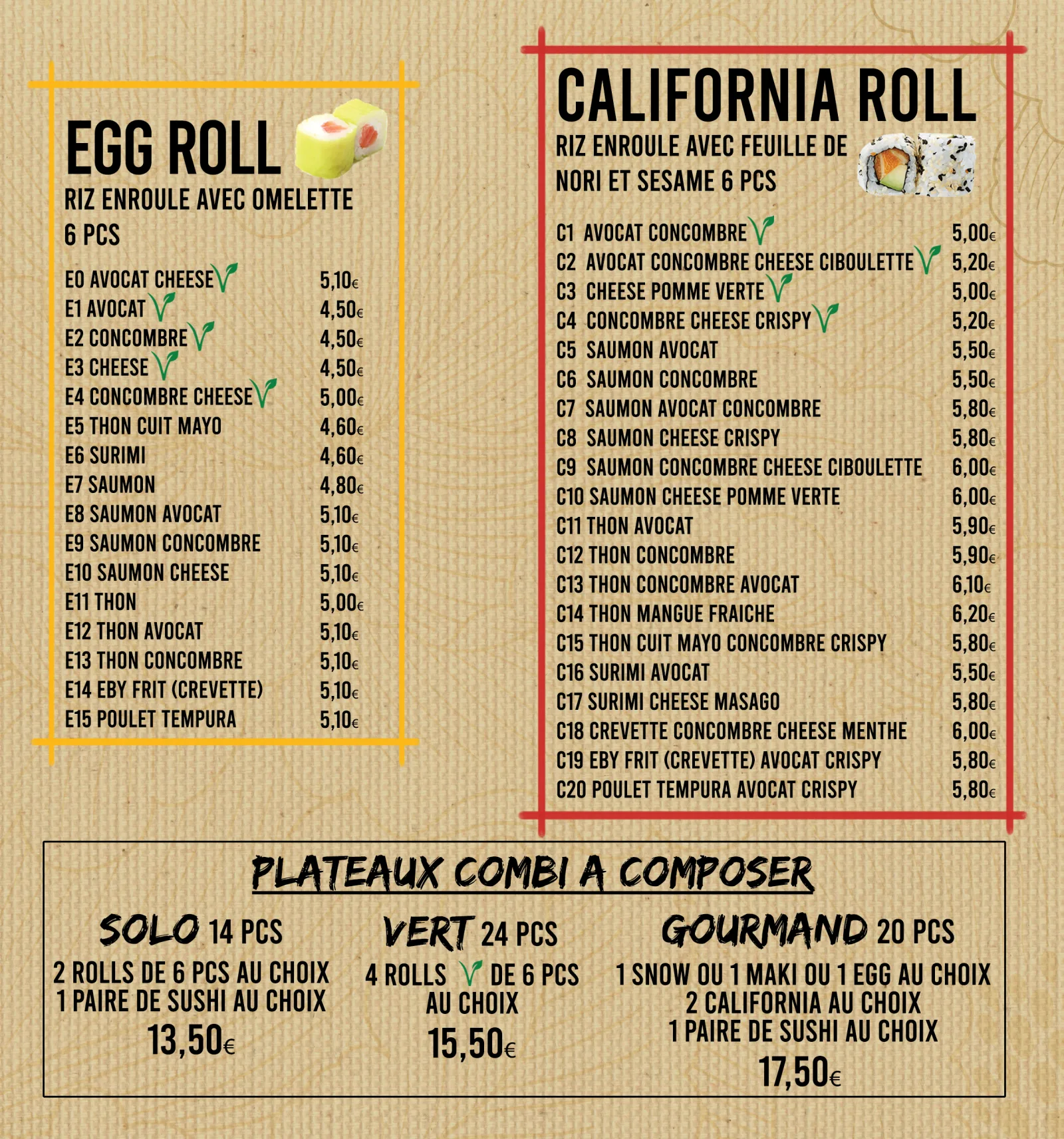 Carte Sushi House — Egg Roll, California Roll, plateaux combi à composer