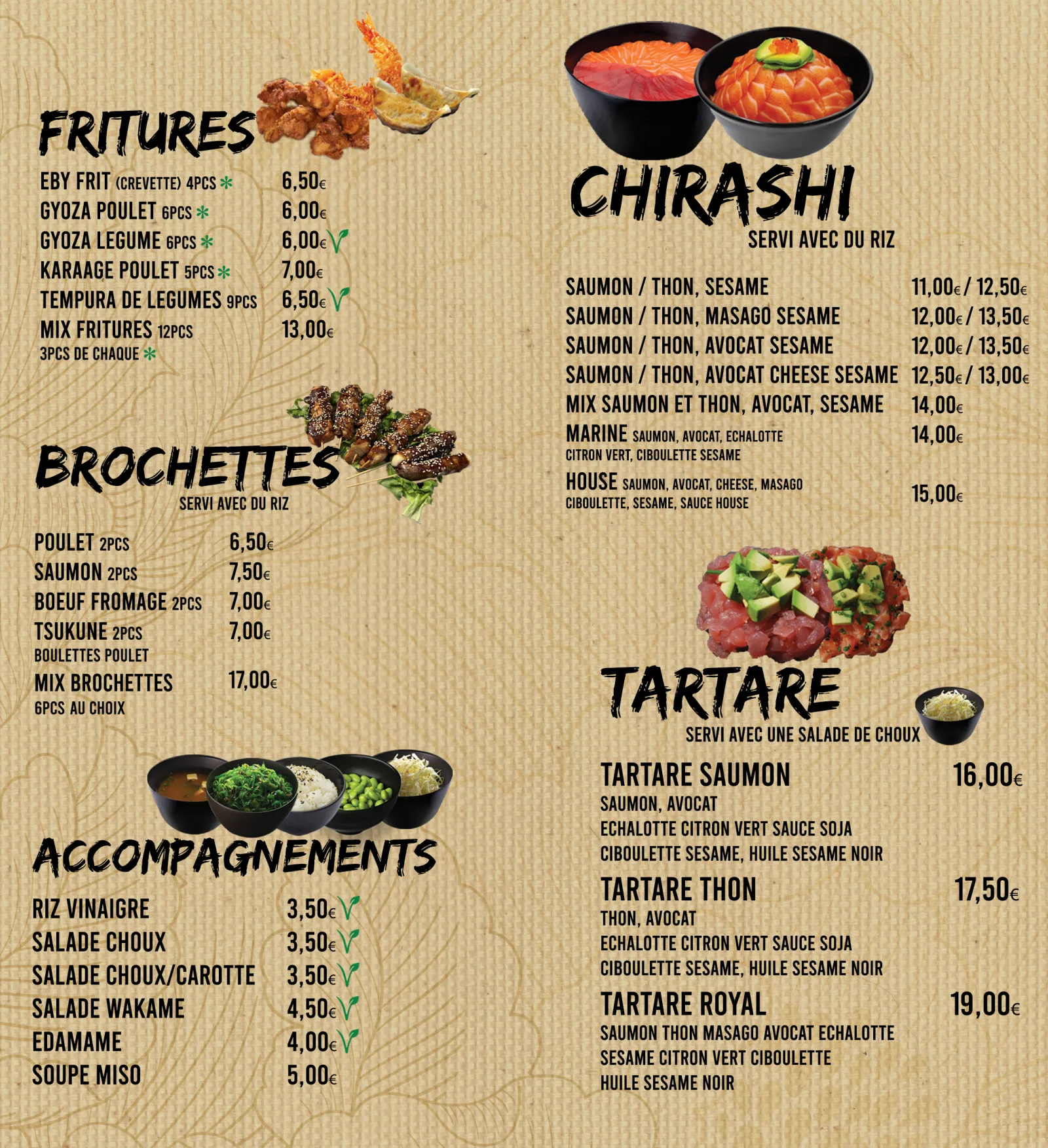 Carte Sushi House — Fritures, Brochettes, Accompagnements, Chirashi, Tartares